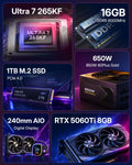 KOTIN Gaming PC Desktop, Ultra 7 265KF, RTX 5060 Ti 8GB, 16GB DDR5, 1TB SSD | 11.3in Smart Display, 650W 80+ Gold PSU, 240mm Liquid Cooler, ARGB Windows 11 Gaming Tower, Desktop Computer 1080P-1440P