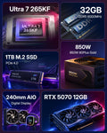 KOTIN Gaming PC Desktop, Ultra 7 265KF, RTX 5070 12GB, 32GB DDR5, 1TB SSD | 11.3in Smart Display, 850W 80+ Gold PSU, 240mm Liquid Cooler, ARGB Windows 11 Home Gaming Tower, Desktop Computer 1440p 4K
