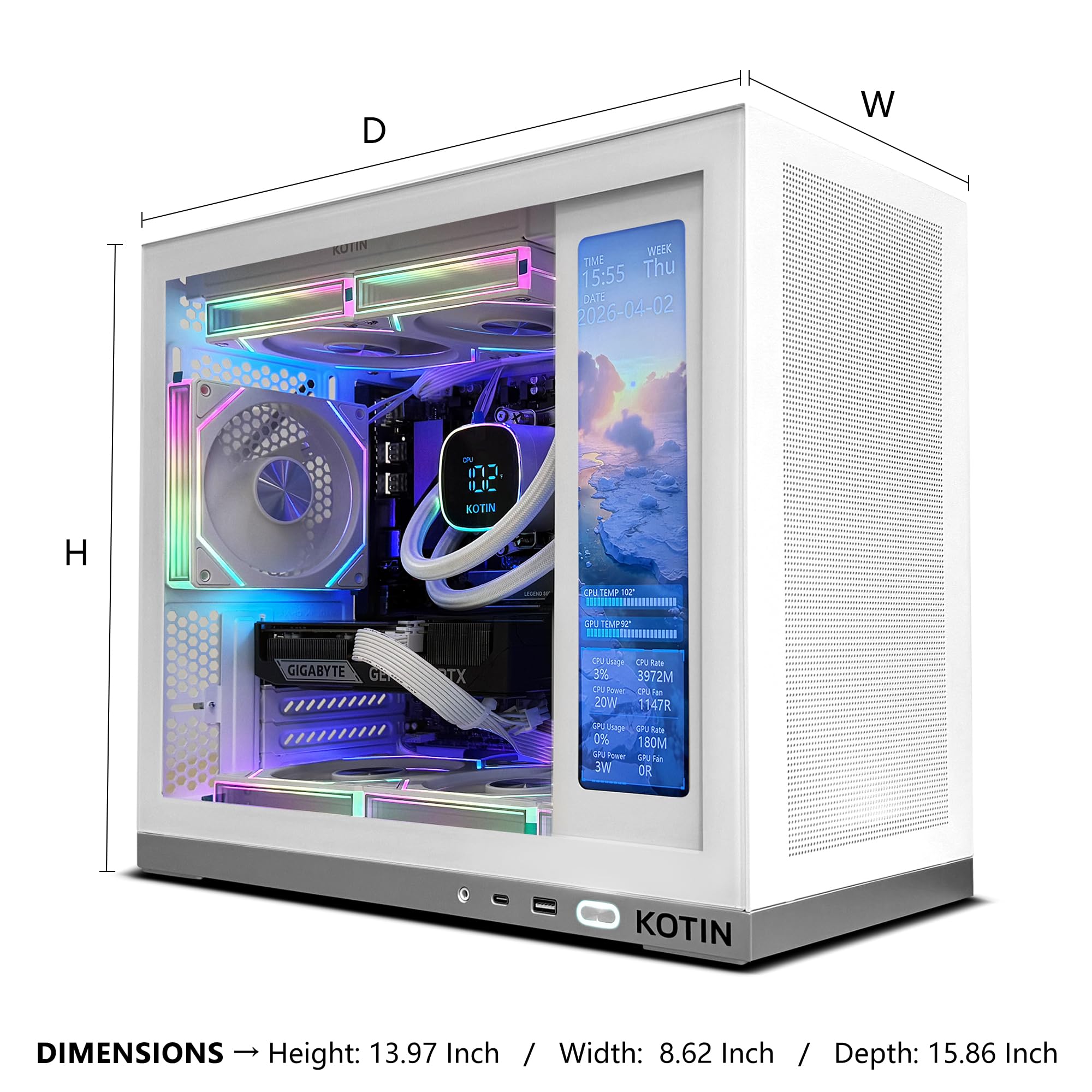 KOTIN Prebuilt Gaming PC Desktop Computer, Ryzen 7 7800X3D, RTX 5060 Ti 8GB, 32GB DDR5 6000MHz, 1TB PCIe 4.0 SSD, 11.3" Display, 240mm Liquid Cooler, WiFi 7, Windows 11 Home, ARGB White Tower G50W
