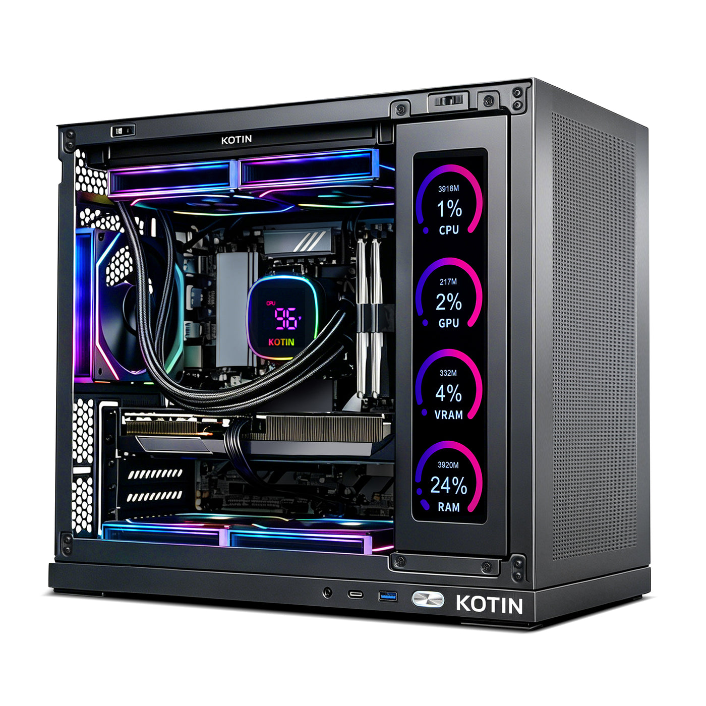 KOTIN Gaming PC Desktop, Ultra 7 265KF, RTX 5070 12GB, 32GB DDR5, 1TB SSD | 11.3in Smart Display, 850W 80+ Gold PSU, 240mm Liquid Cooler, ARGB Windows 11 Home Gaming Tower, Desktop Computer 1440p 4K