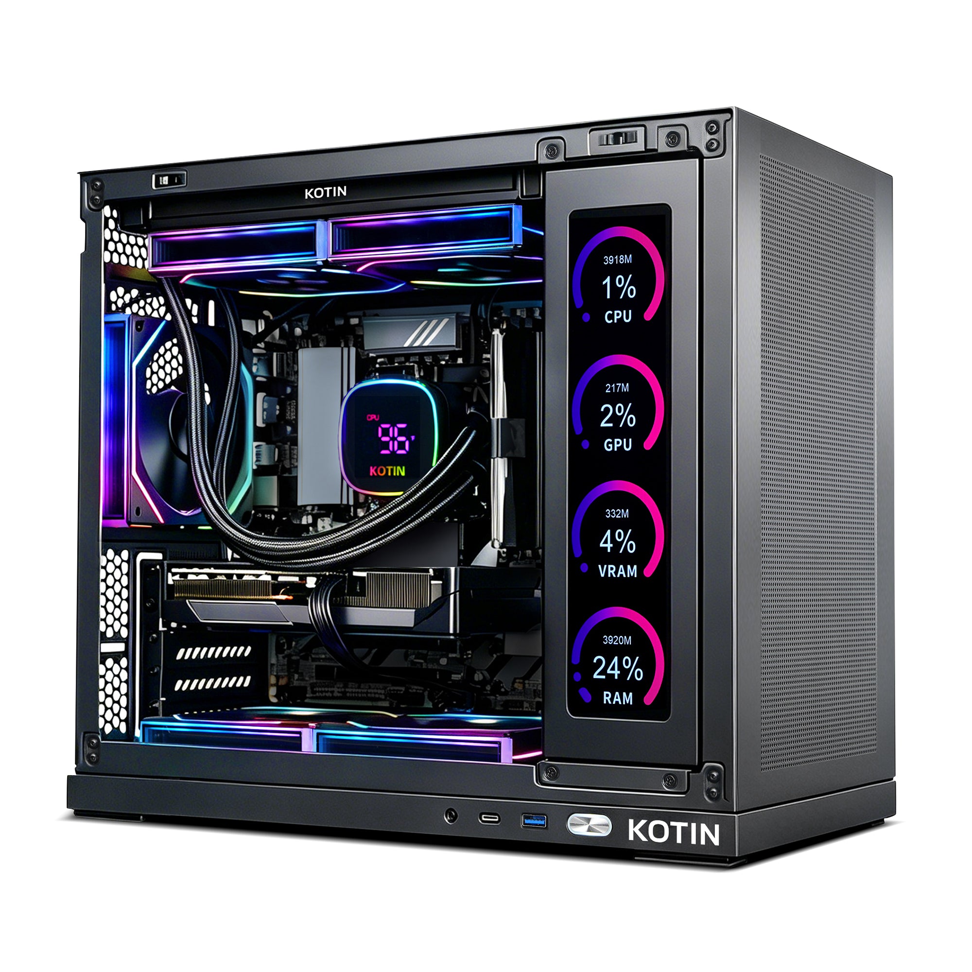 KOTIN Gaming PC Desktop, Ultra 7 265KF, RTX 5060 Ti 8GB, 16GB DDR5, 1TB SSD | 11.3in Smart Display, 650W 80+ Gold PSU, 240mm Liquid Cooler, ARGB Windows 11 Gaming Tower, Desktop Computer 1080P-1440P