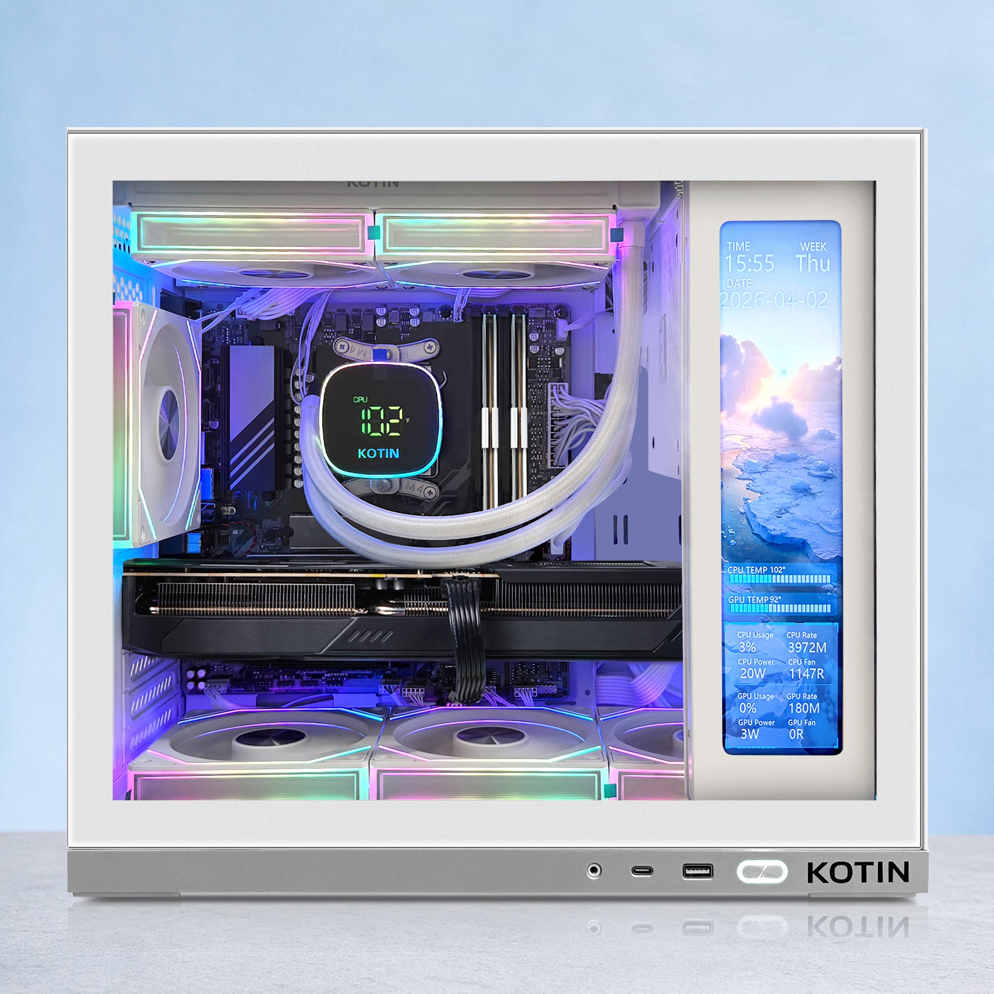 KOTIN Prebuilt Gaming PC Ryzen 7 7800X3D, 32GB DDR5, RTX 5070 12GB, 1TB | White Liquid Cooled Gaming Desktop, 11.3in Smart Display, 850W 80+ Gold PSU, WiFi 7, Assembled in USA, Windows 11 ARGB Tower