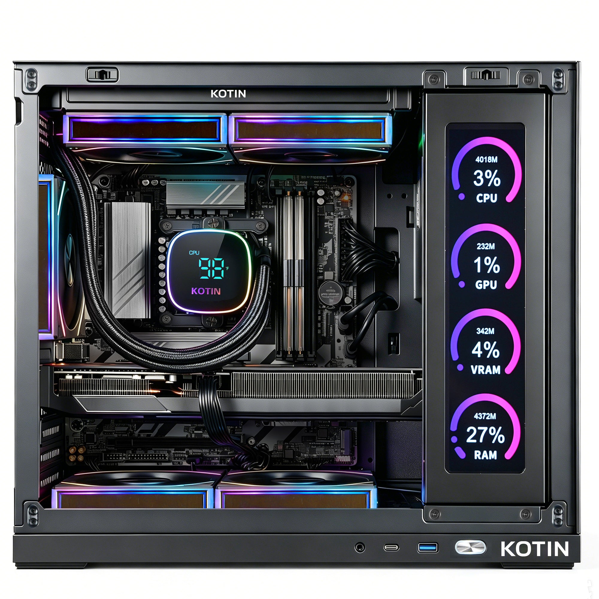 KOTIN Gaming PC Desktop, Ultra 7 265KF, RTX 5070 12GB, 32GB DDR5, 1TB SSD | 11.3in Smart Display, 850W 80+ Gold PSU, 240mm Liquid Cooler, ARGB Windows 11 Home Gaming Tower, Desktop Computer 1440p 4K
