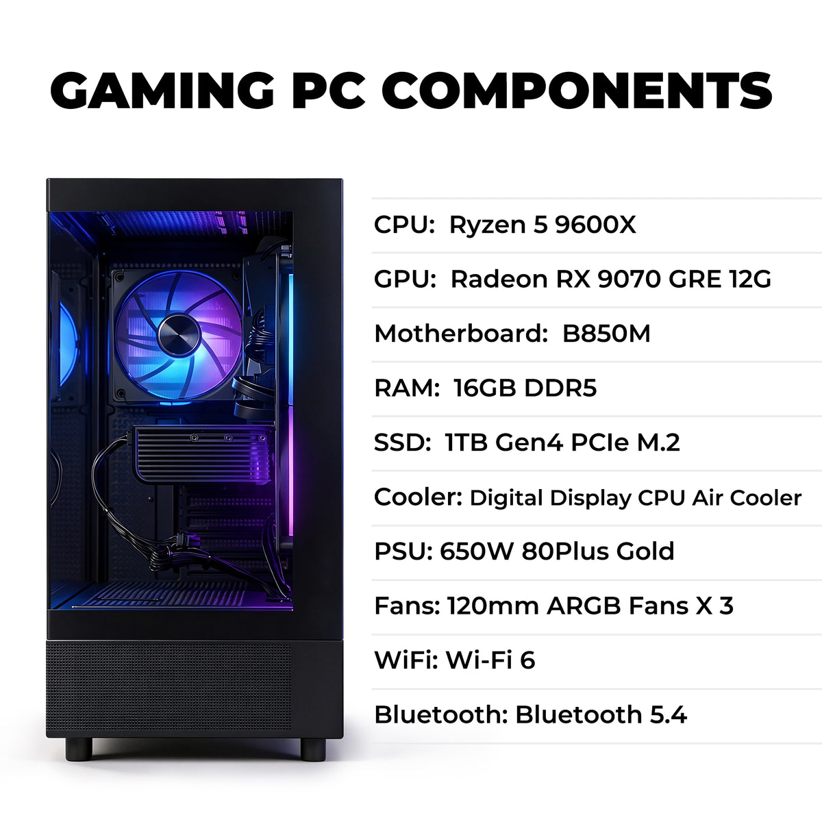 KOTIN V27B Gaming PC, Ryzen 5 9600X, Radeon RX 9070 GRE 12GB, 16GB DDR5, 1TB SSD