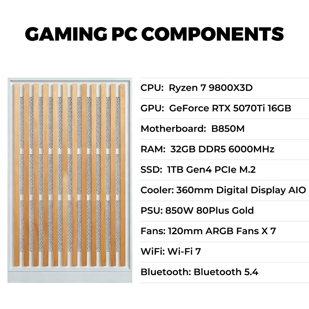 KOTIN Gaming PC -AMD Ryzen 7 9800X3D, GeForce RTX 5070Ti 16GB, 32GB DDR5, 1TB PCIe 4.0 SSD, 11.3" Display, 360mm Liquid Cooler, WiFi 7, Windows 11 Home, Prebuilt Gaming Desktop PC-White
