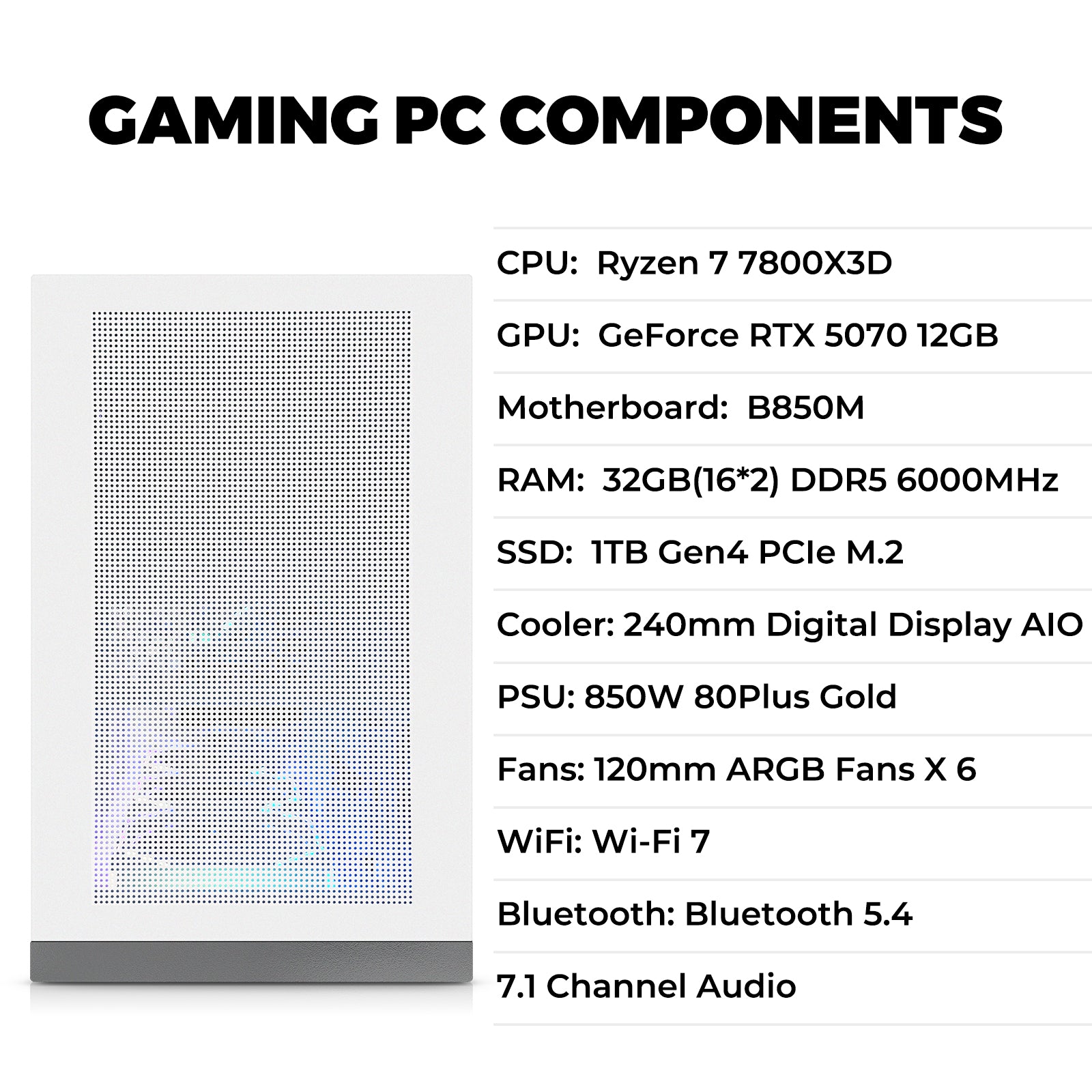 KOTIN Prebuilt Gaming PC Ryzen 7 7800X3D, 32GB DDR5, RTX 5070 12GB, 1TB | White Liquid Cooled Gaming Desktop, 11.3in Smart Display, 850W 80+ Gold PSU, WiFi 7, Assembled in USA, Windows 11 ARGB Tower
