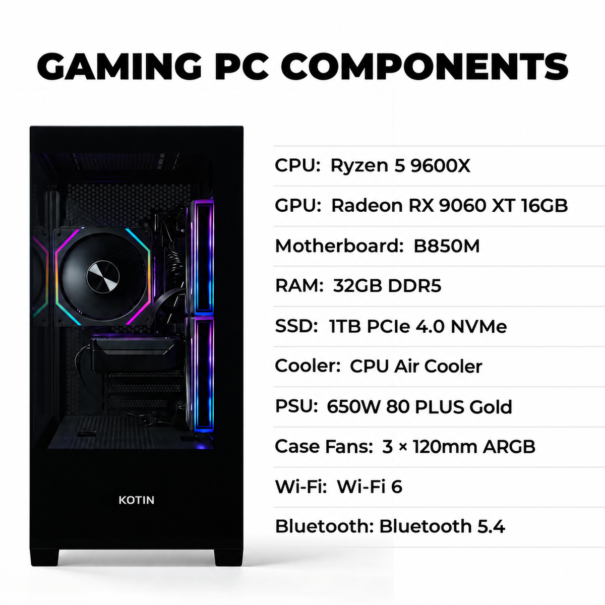 KOTIN M70B Gaming PC, Ryzen 5 9600X, Radeon RX 9060 XT 16GB, 32GB DDR5, 1TB SSD