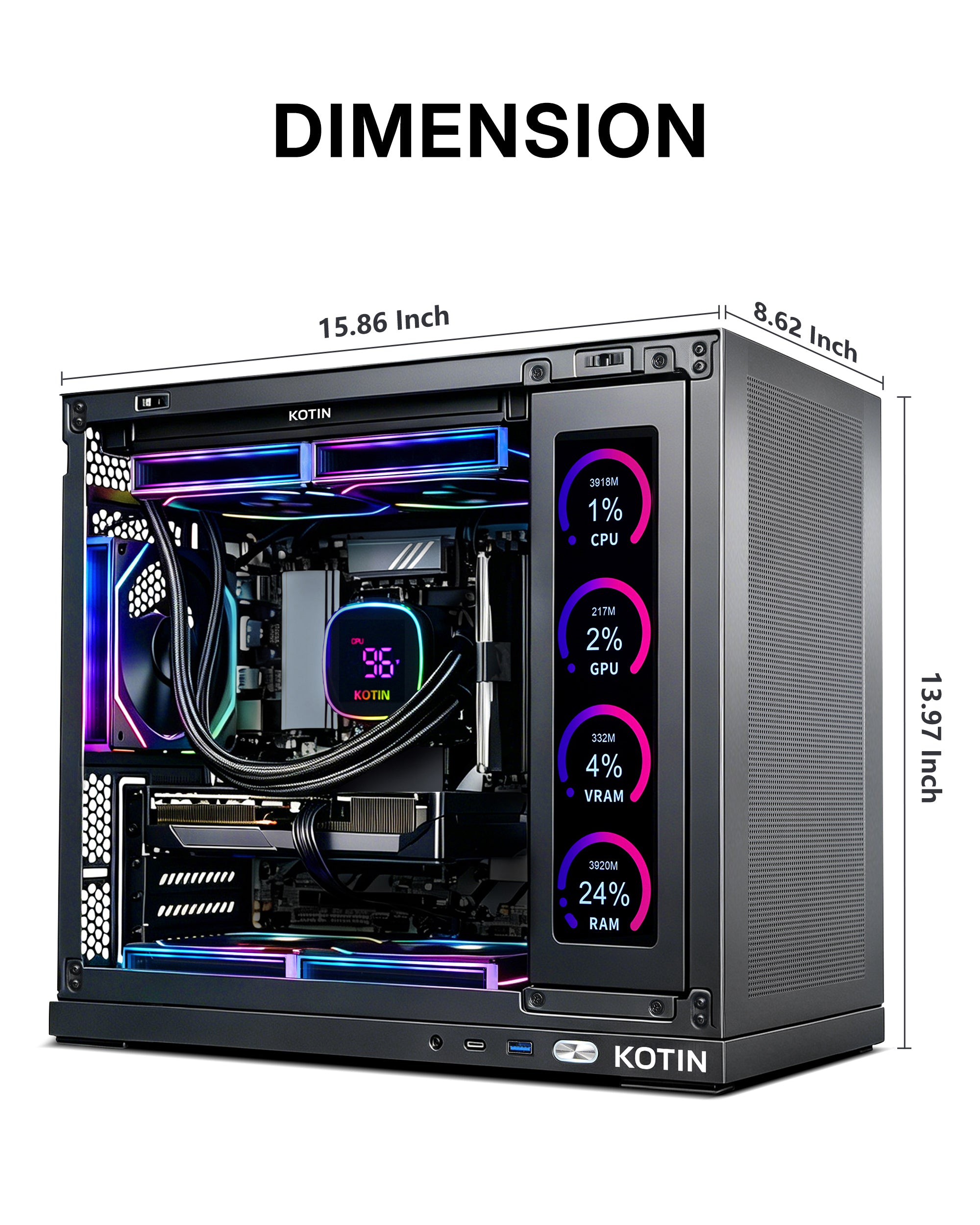 KOTIN Gaming PC Desktop, Ultra 7 265KF, RTX 5060 Ti 8GB, 16GB DDR5, 1TB SSD | 11.3in Smart Display, 650W 80+ Gold PSU, 240mm Liquid Cooler, ARGB Windows 11 Gaming Tower, Desktop Computer 1080P-1440P