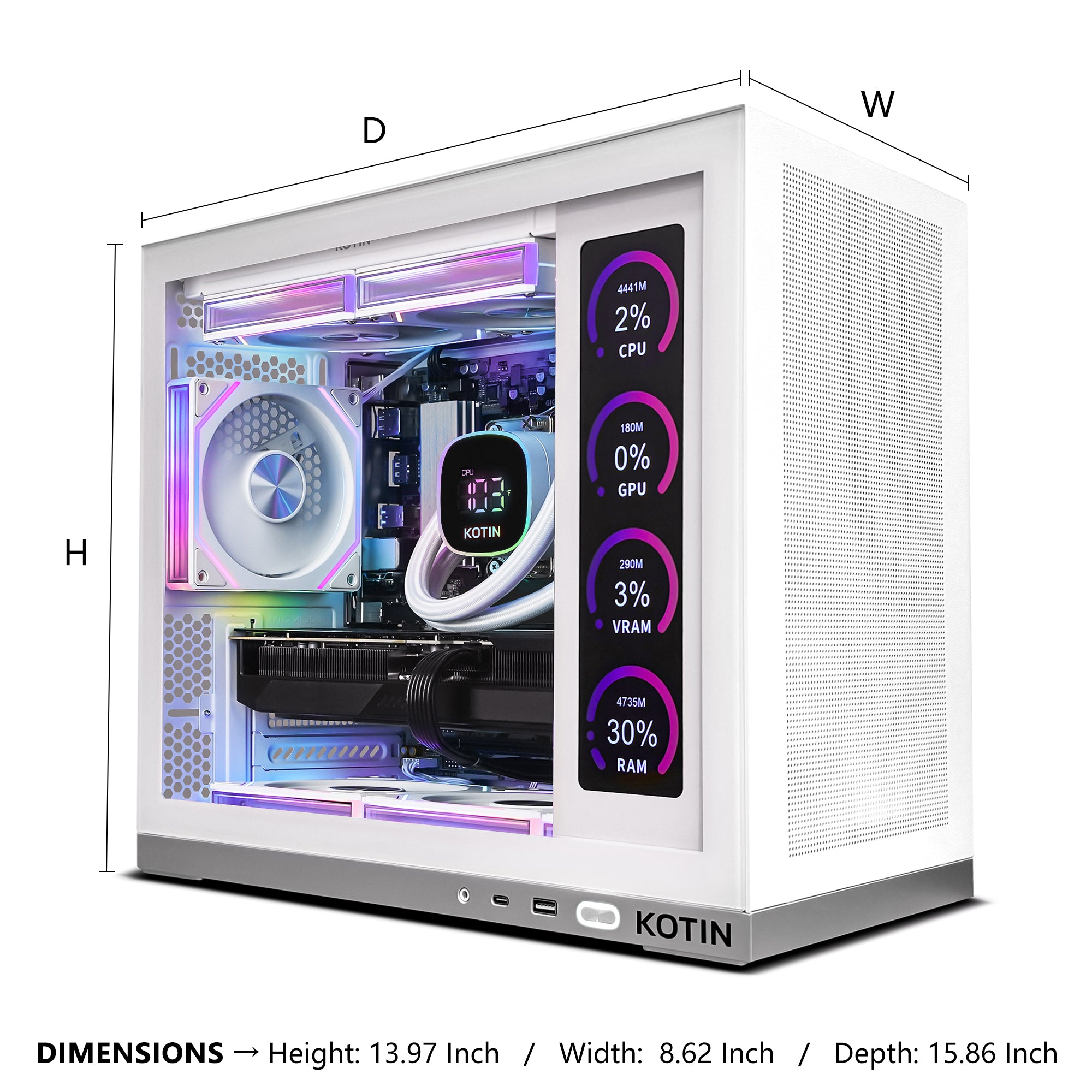 KOTIN Prebuilt Gaming PC Ryzen 7 7800X3D, 32GB DDR5, RTX 5070 12GB, 1TB | White Liquid Cooled Gaming Desktop, 11.3in Smart Display, 850W 80+ Gold PSU, WiFi 7, Assembled in USA, Windows 11 ARGB Tower