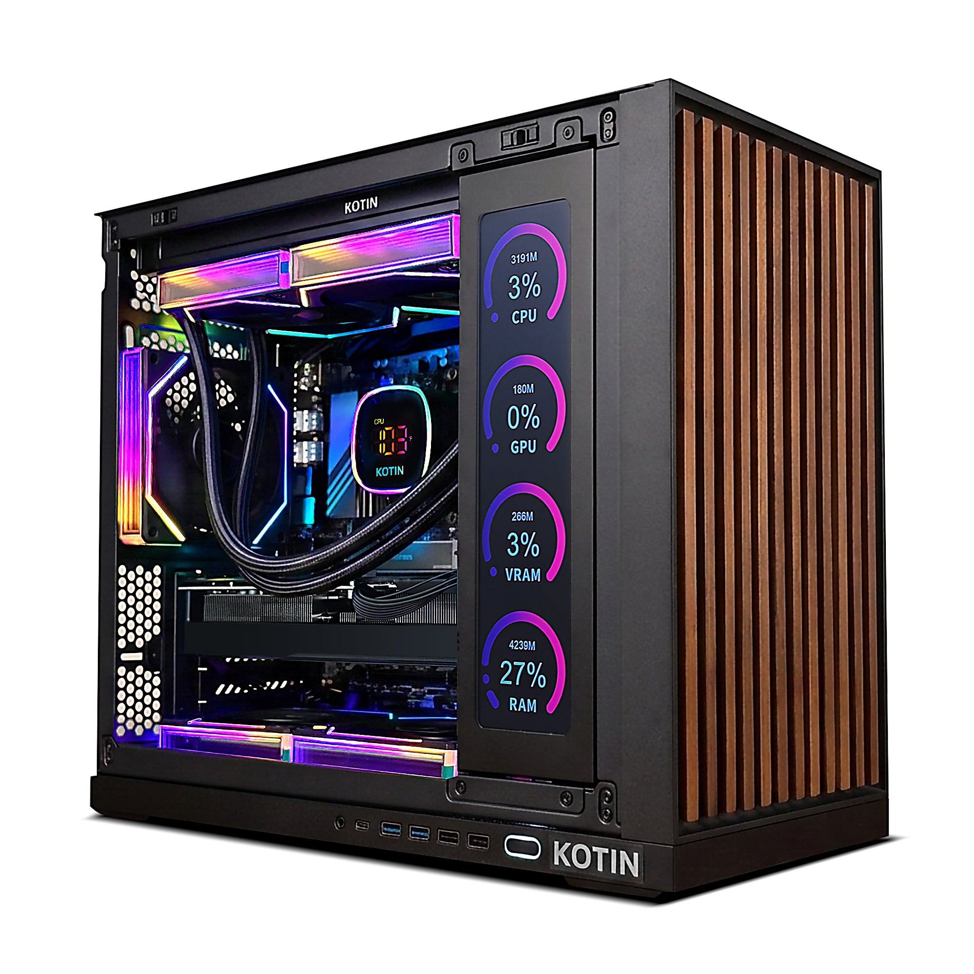 KOTIN Gaming PC Desktop, Ryzen 7 9800X3D, RTX 5070 12GB, 32GB DDR5, 1TB SSD | 11.3" Smart Display, 360mm Liquid Cooler, WiFi 7, 850W 80+ Gold PSU, Windows 11 ARGB Lighting Gaming Computer 1440 4K