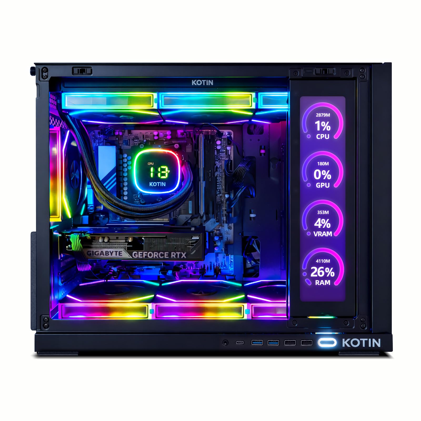 KOTIN Prebuilt Gaming PC Desktop Computer, Ryzen 7 9700X, GeForce RTX 5060 8GB, 16GB DDR5 6000MHz, 1TB PCIe 4.0 SSD, 11.3" Display, 360mm Liquid Cooler, WiFi 7, Windows 11 Home, ARGB Gaming Tower G60B