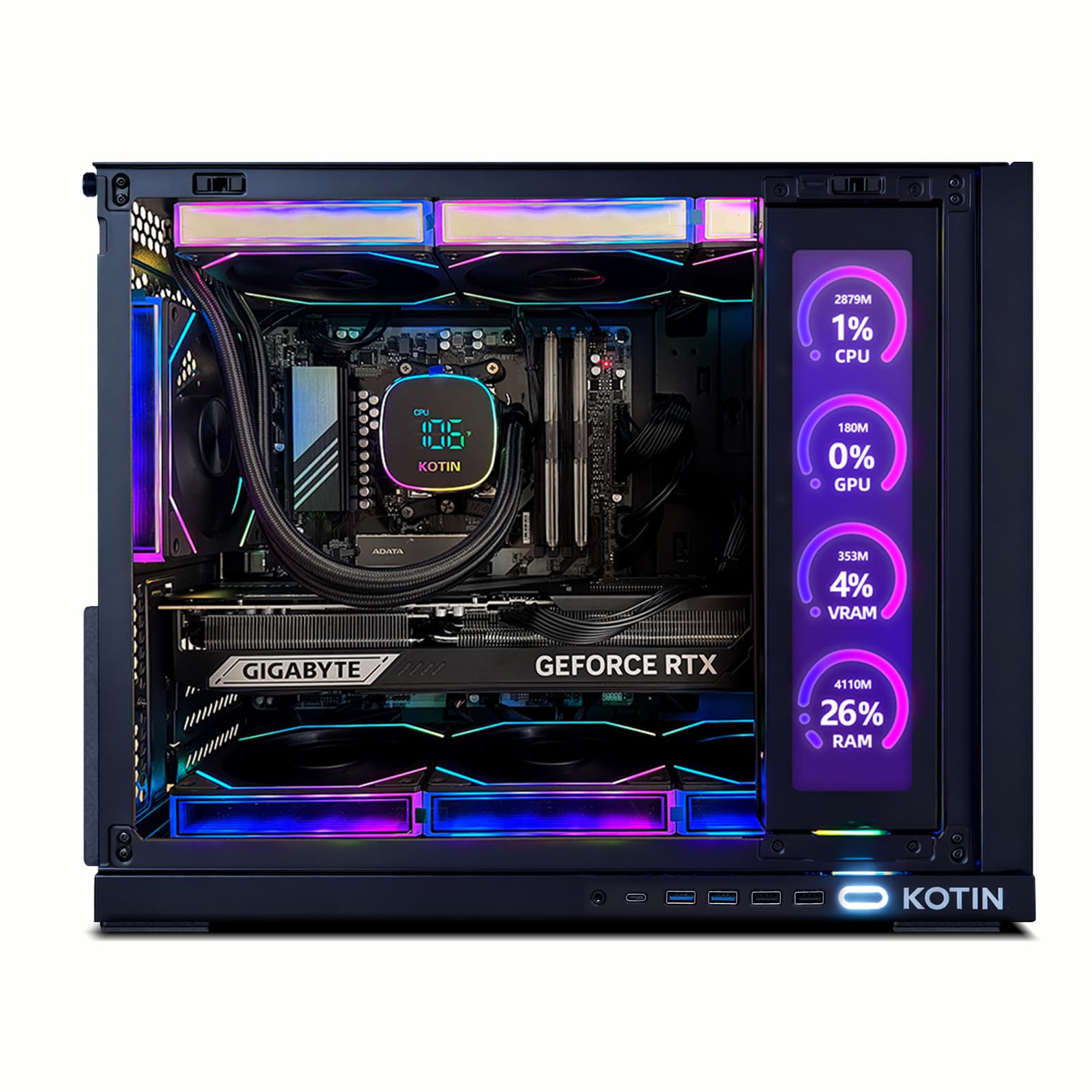 KOTIN G60B Prebuilt Gaming PC, GeForce RTX 5070 12GB GDDR7, AMD Ryzen 7 9700X, 32GB DDR5 6000MHz, 1TB PCIe 4.0 SSD, 360mm Liquid Cooler, 11.3 Inch Smart Display, WiFi 7, ARGB Tower for 4K Gaming