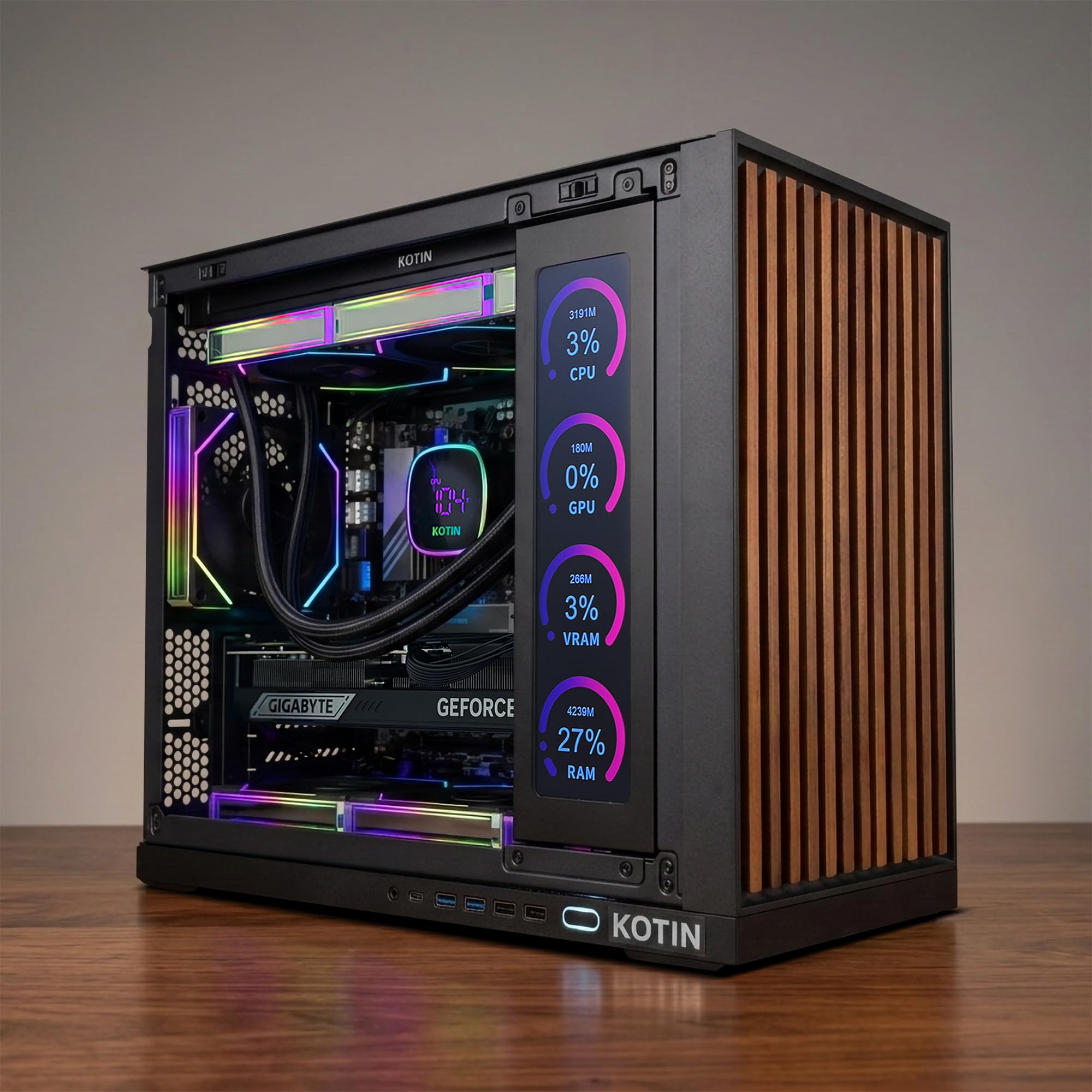 KOTIN G60B Prebuilt Gaming PC, GeForce RTX 5070 12GB GDDR7, AMD Ryzen 7 9700X, 32GB DDR5 6000MHz, 1TB PCIe 4.0 SSD, 360mm Liquid Cooler, 11.3 Inch Smart Display, WiFi 7, ARGB Tower for 4K Gaming