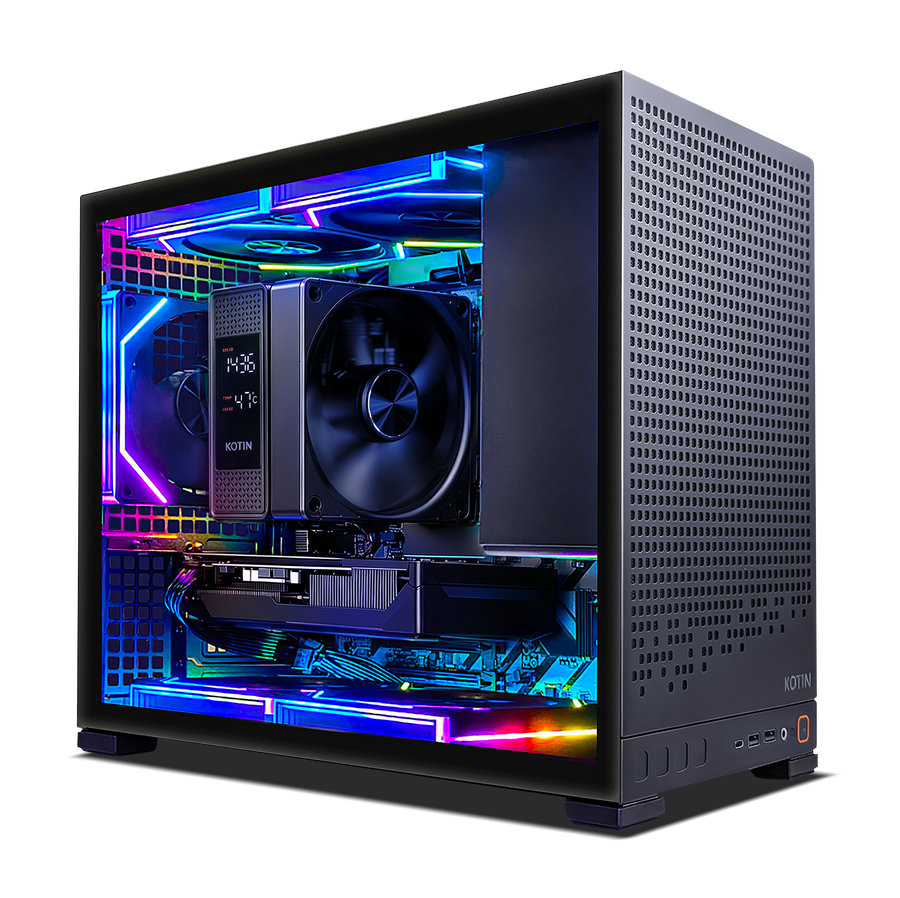 KOTIN gaming PC with Ryzen 7 8700F and RTX 5060 Ti, black case with RGB lighting, front and side view