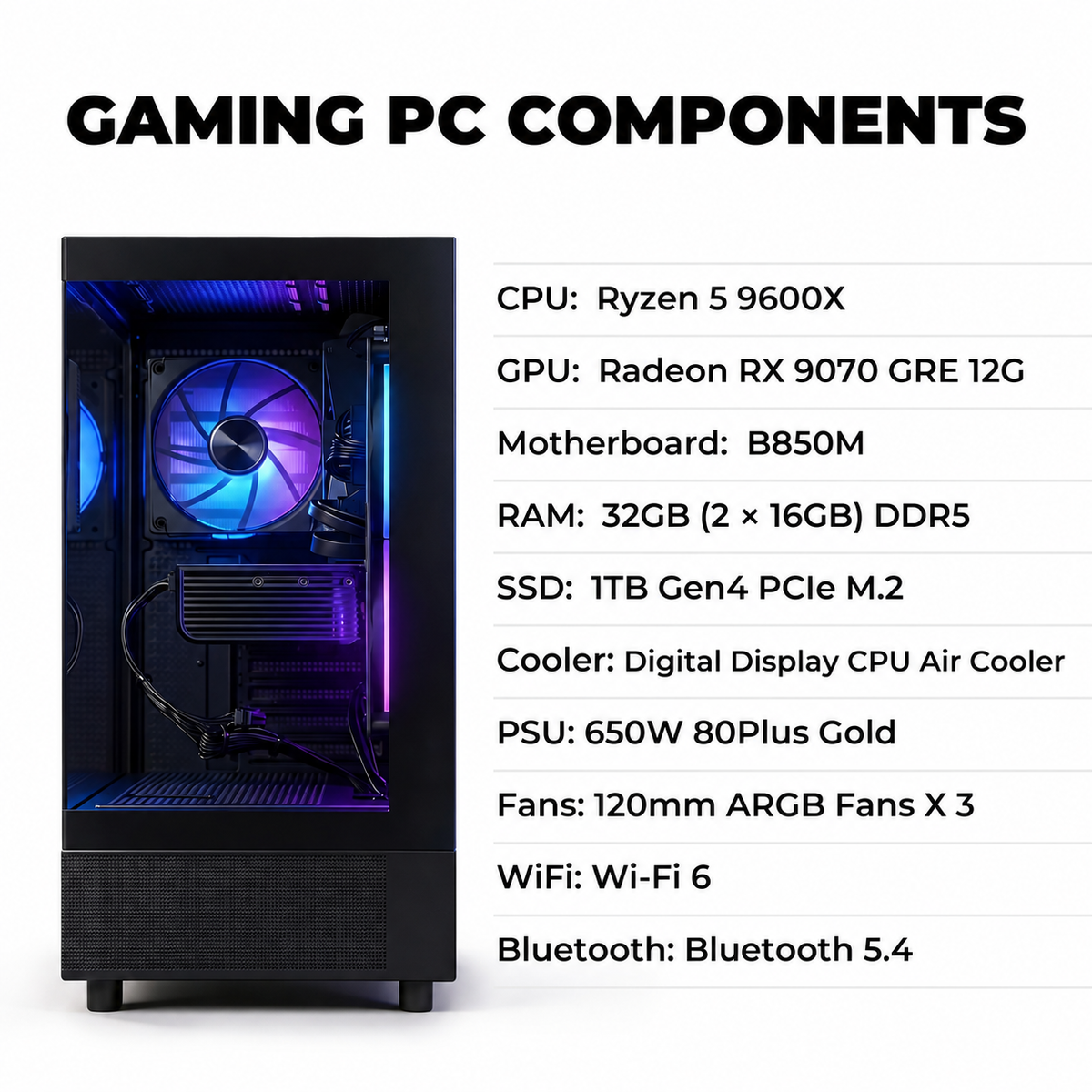 KOTIN V27B Gaming PC, Ryzen 5 9600X, Radeon RX 9070 GRE 12GB, 32GB DDR5, 1TB SSD