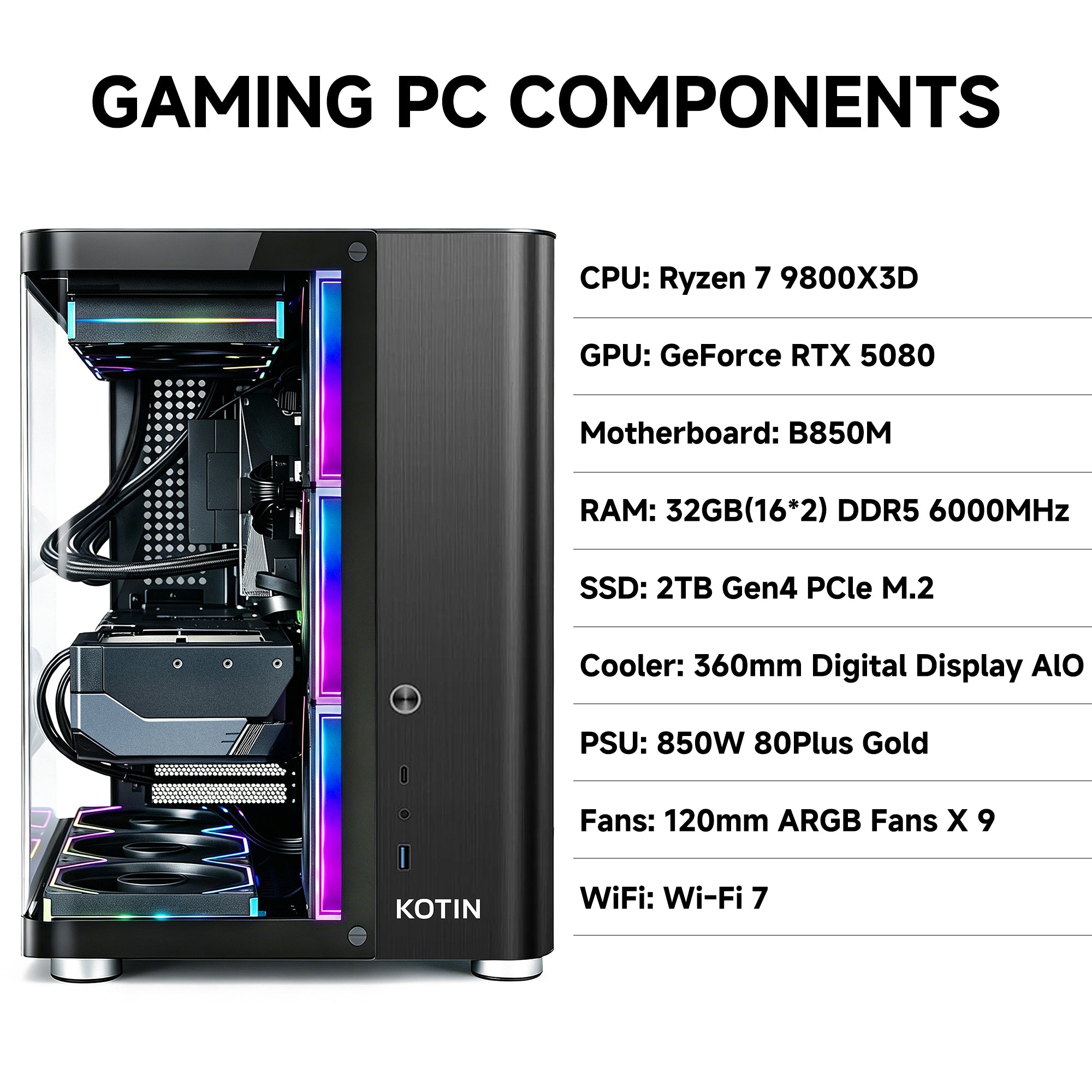 KOTIN Gaming PC Desktop, Ryzen 7 9800X3D, RTX 5080 16GB, 32GB DDR5, 2TB SSD | 6000MHz DDR5 Memory, PCIe 4.0 SSD, 360mm Liquid Cooler, 3.95in IPS Display, WiFi 7, ARGB Fans, Windows 11 Home, 850W Gold PSU